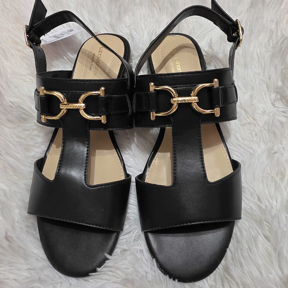 Black Leather Sandals with Gold Accents